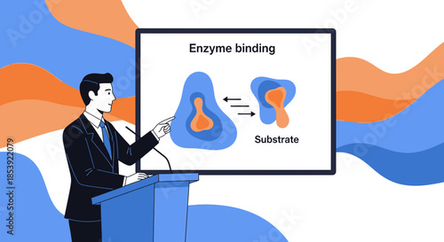 Animated lecturer explains enzyme binding process during educational biochemistry presentation