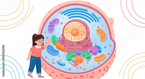 Animated illustration showcasing a girl learning about cells and their components in a fun