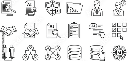 Artificial intelligence icons set featuring AI law, data ethics, machine learning, digital security, neural networks, database management, and legal tech symbols.