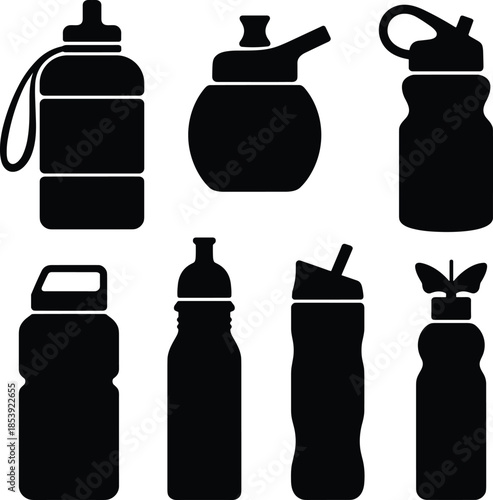 Set of Eight Different Reusable Water Bottles, Shakers, and Tumblers Silhouette Icon Collection for Gym, Sport, Fitness, and Daily Hydration Needs