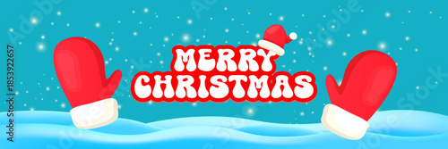 Merry Christmas horizontal banner and flyer vector design with cute kids warm red mittens on snowy hills landscape background and greeting text. Vector merry Christmas cartoon banner with gloves