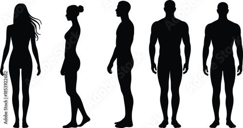Set of Five Black Human Body Silhouettes, Male and Female Figures in Frontal and Side View, Vector Graphic Illustration for Anatomy, Medical, or Fitness Design Projects
