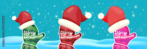 Merry Christmas horizontal banner and flyer vector design with cute kids warm red mittens on snowy hills landscape background and greeting text. Vector merry Christmas cartoon banner with gloves