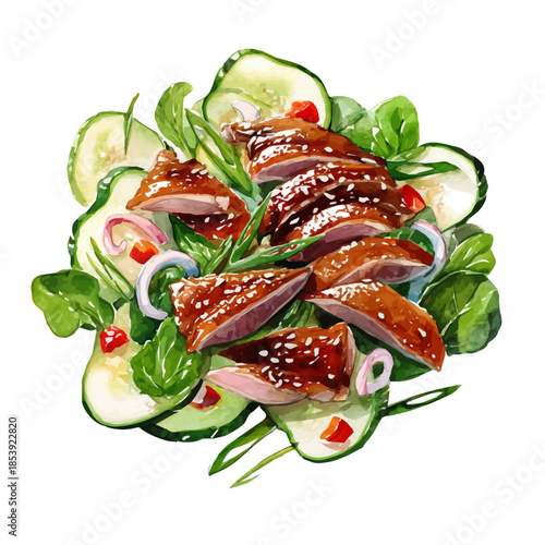 Watercolor-style vector illustration of Peking Duck Salad, isolated on a clean white background.