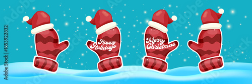 Merry Christmas horizontal banner and flyer vector design with cute kids warm red mittens on snowy hills landscape background and greeting text. Vector merry Christmas cartoon banner with gloves