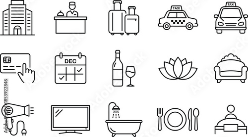 Hotel service icons set including reception, luggage, taxi, credit card, booking, wine, spa, furniture, shower, dining, and travel accommodation symbols.