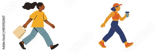 Two young women walking in a vibrant urban setting during day