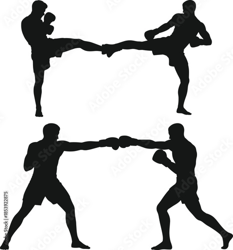 Set of Four Kickboxing or Muay Thai Fighter Silhouettes, Dynamic Martial Arts Action Poses, Black and White Sport Combat Vector Graphic, Fighter Training and Competition Illustration