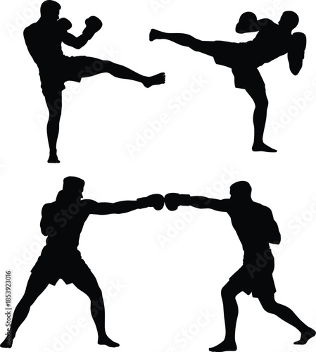 Set of Four Kickboxing or Muay Thai Fighter Silhouettes, Dynamic Martial Arts Action Poses, Black and White Sport Combat Vector Graphic, Fighter Training and Competition Illustration