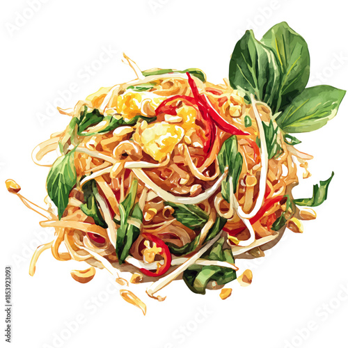 Pad Thai, watercolor illustration, vector style, isolated on a white background.