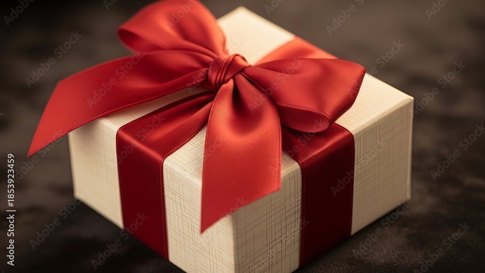 Fototapeta premium Elegant white gift box with a textured pattern wrapped in a vibrant red satin ribbon and a large decorative bow