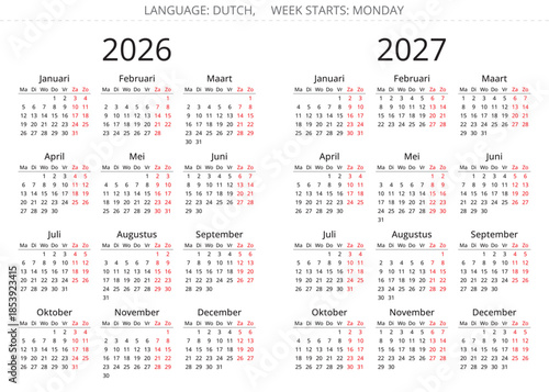 Dutch calendar 2026 and 2027 years. Vector illustration. 12 months Netherlands