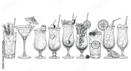Detailed black and white line art vector collection of ten tropical cocktails with fruit garnishes and ice.
