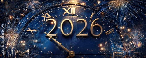 New Year 2026 Celebration Clock with Fireworks Background