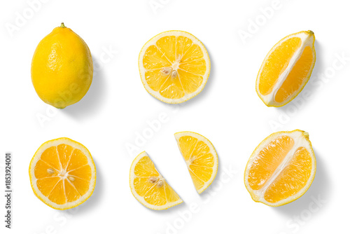 Set of fresh yellow lemon in various cuts, whole fruit, round slices, wedges, and cross sections isolated on a transparent background. For food design, packaging, beverages, natural ingredient visuals