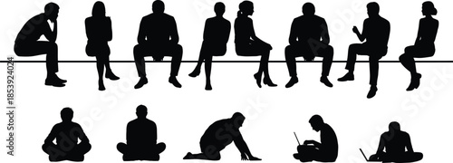 Set of sitting people silhouettes in various poses including men and women resting on bench and floor for architectural visualization