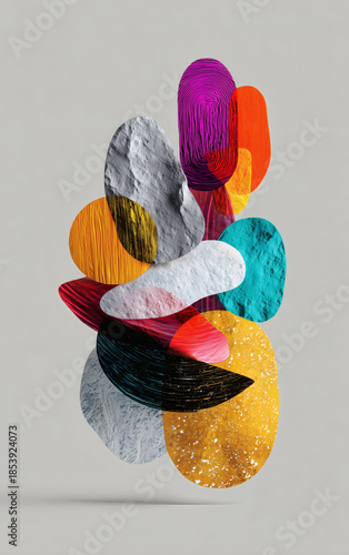 Abstract Colourful Textured Shapes Composition on Gray Background