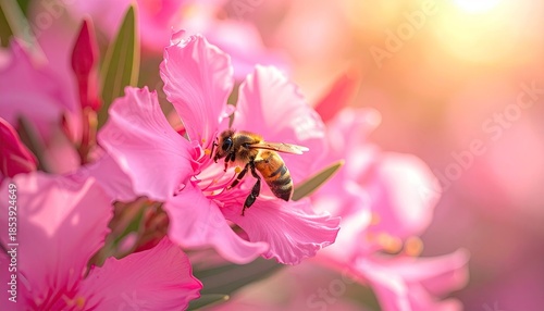 Honeybee on Pink Flower in Sunlight