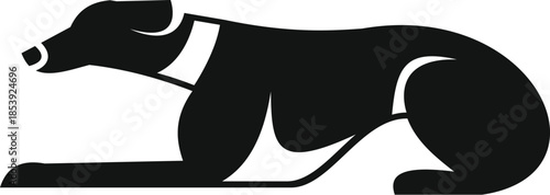 Simple silhouette of a greyhound dog lying down wearing a collar, viewed from the side, isolated on white