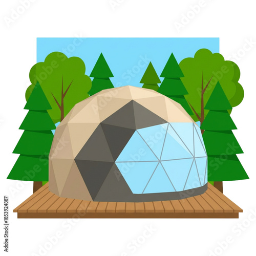 Geodesic dome structure nestled amongst evergreen trees on a wooden platform under a clear sky