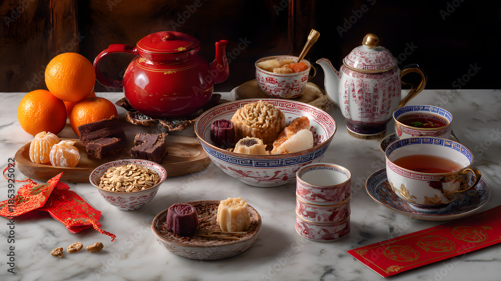 Naklejka premium Traditional Chinese New Year tea setting featuring ornate teapots, mooncakes, nian gao, mandarin oranges, and red envelopes on a marble table. Cultural celebration concept