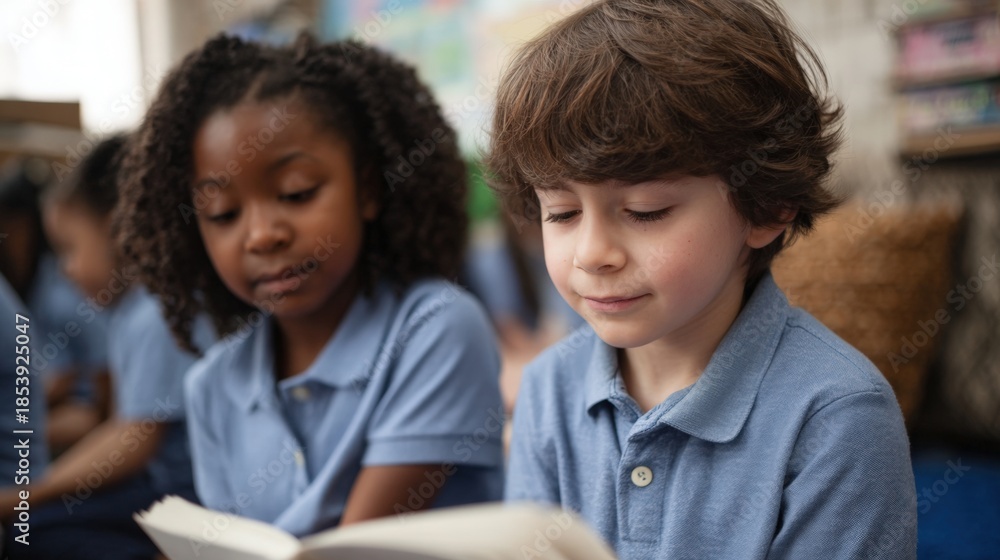 Fototapeta premium Two young children, a boy and a girl, sitting in a classroom and reading a book together. they are both wearing blue polo shirts and appear to be focused on the book in front of them.