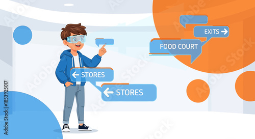 Boy navigating shopping mall with augmented reality glasses and virtual directions signs