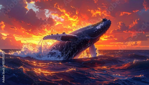 Humpback Whale Breaching at Sunset Ocean Scene