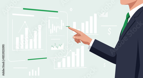 Business professional analyzes financial data and charts on interactive interface screen