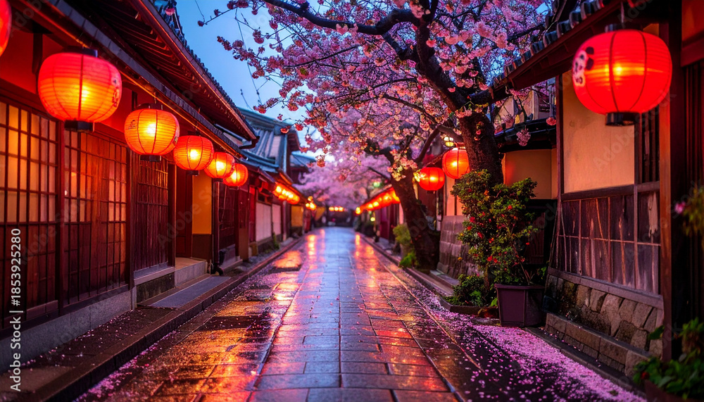 Fototapeta premium 赤提灯と桜が彩る雨上がりの夕暮れ参道