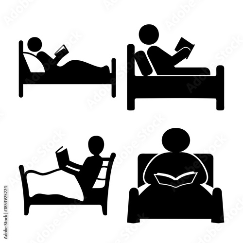 People reading in bed, diverse positions, simple icon set