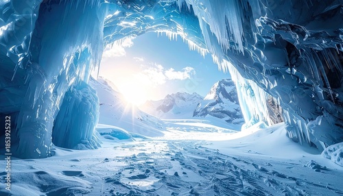 Ice Cave Entrance to Snowy Mountain Landscape