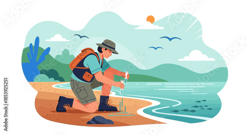 Coastal water sampling illustration depicting environmental monitoring activity and assessment