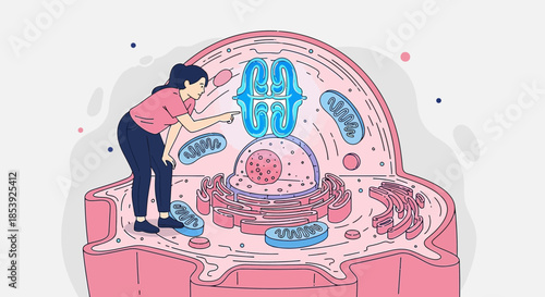 Conceptual Illustration of a Woman Exploring a Cell Structure with Organelles and Nucleus