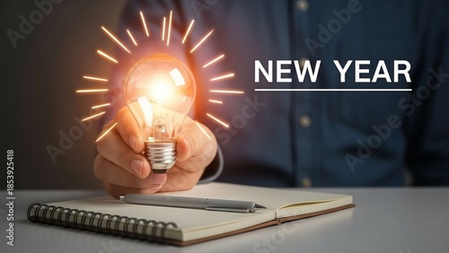 Person Holding Glowing Light Bulb Over Notebook with New Year Text