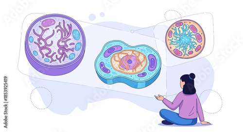 Conceptual illustration of a woman studying detailed cellular structures and biological components