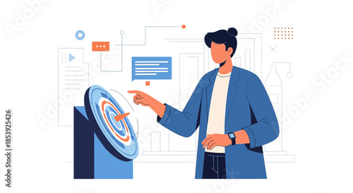 Conceptual visualization of business strategy with a flat design of a man interacting with a