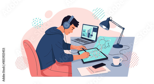 Creative artist working on design project with digital tablet and laptop listening to music