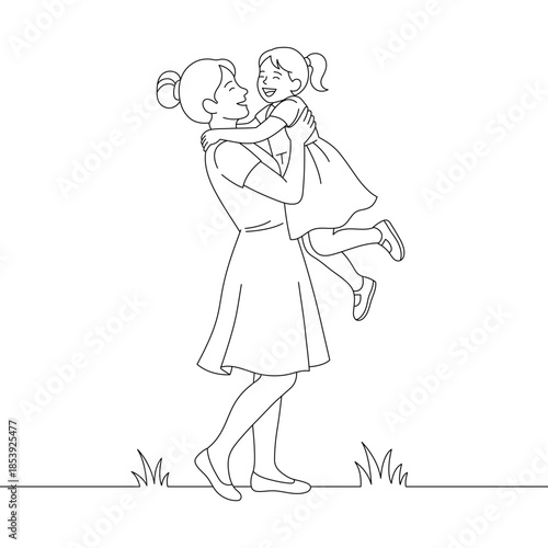 Mother Lifting and Hugging Her Happy Daughter – Family Love Line Art Illustration