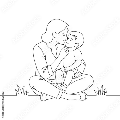 Mother Kissing Her Child with Love – Line Art Illustration of Maternal Affection and Care