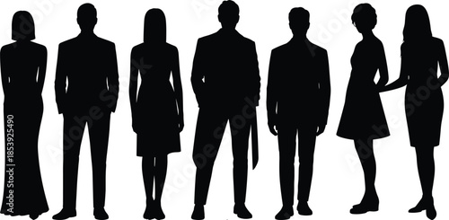 Silhouetted group of formal people standing side by side, black shadow figures, elegant posture, fashion concept, minimal design, unity