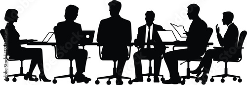 Silhouettes of diverse business team brainstorming creative ideas during corporate meeting in modern office boardroom, emphasizing partnership, strategy, success, and leadership concepts