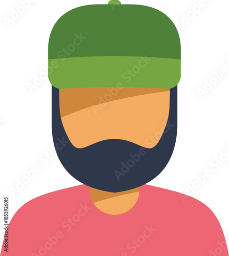 Close up illustration of a bearded man wearing a green cap and a pink t shirt, representing modern male fashion or a specific character
