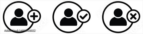 User profile icons with plus, checkmark, and cross symbols on white background person avatar