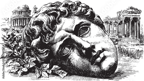 Classical head sculpture in detailed vintage style. Black and white vector illustration featuring ornate architecture and leaves in the background.