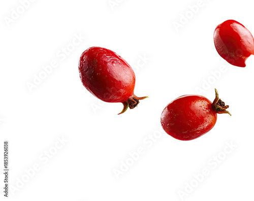 Three rosehips isolated, bright red, dark background, food detail