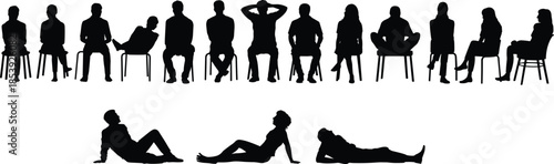 Silhouettes of diverse people sitting on chairs in a row and lying down on floor as a waiting audience or crowd