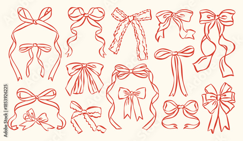 Whimsical bow and ribbon illustration collection in hand-drawn ink sketch style. Cute decorative bows and flowing ribbons for romantic, vintage, and aesthetic design projects.
