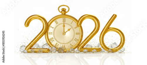 Golden 2026 New Year countdown with pocket watch and snow surrounding the numbers