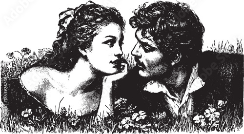 Couple portrait in black and white sketch style. Vintage vector illustration depicting intimacy and romance set in a natural grass environment.